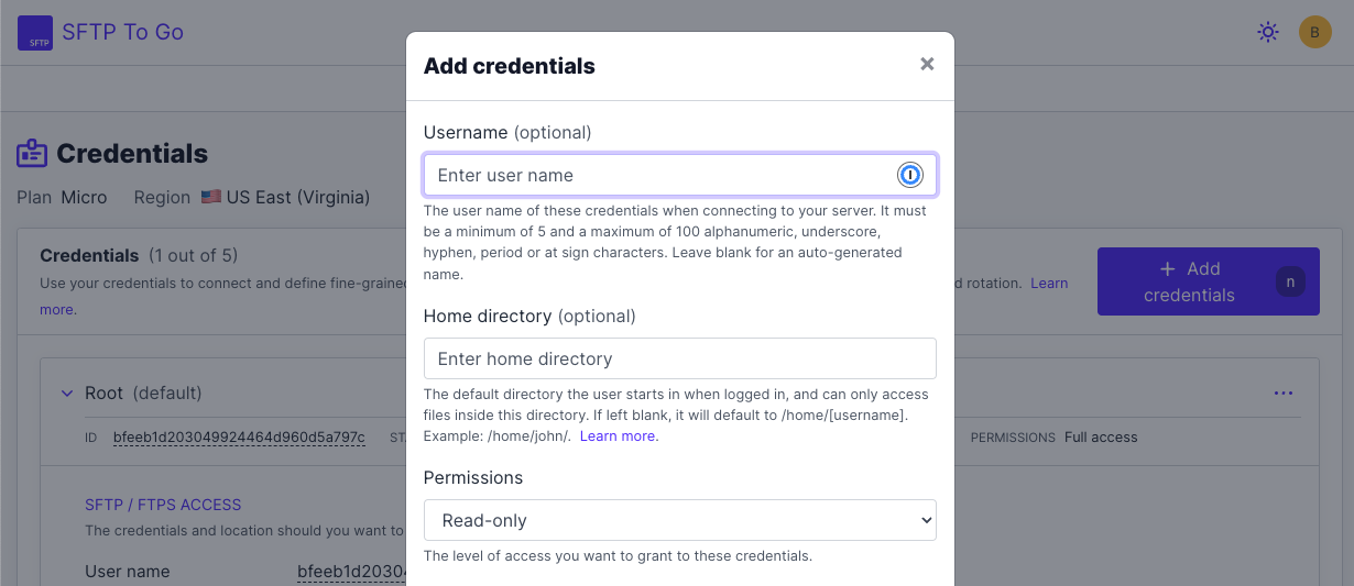 Credential Settings in SFTP To Go on DigitalOcean