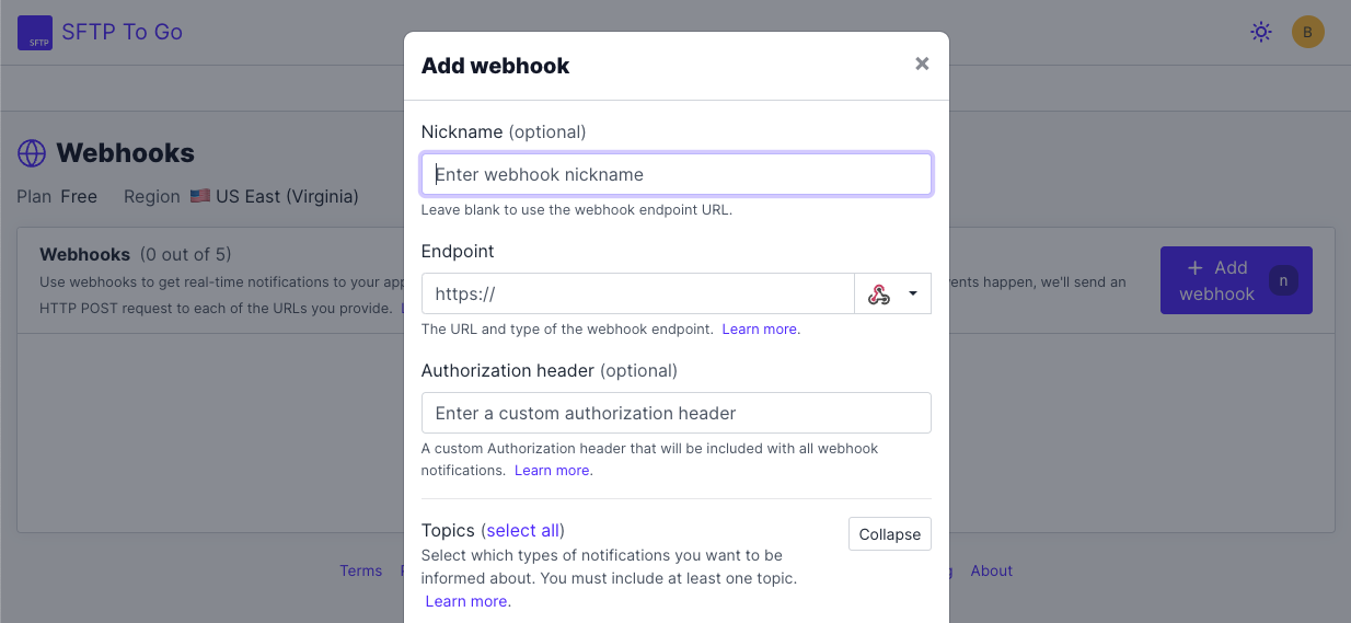 Webhook Settings in SFTP To Go on DigitalOcean