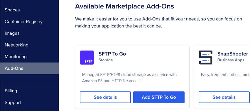 SFTP To Go on the DigitalOcean Marketplace Add-Ons Tab