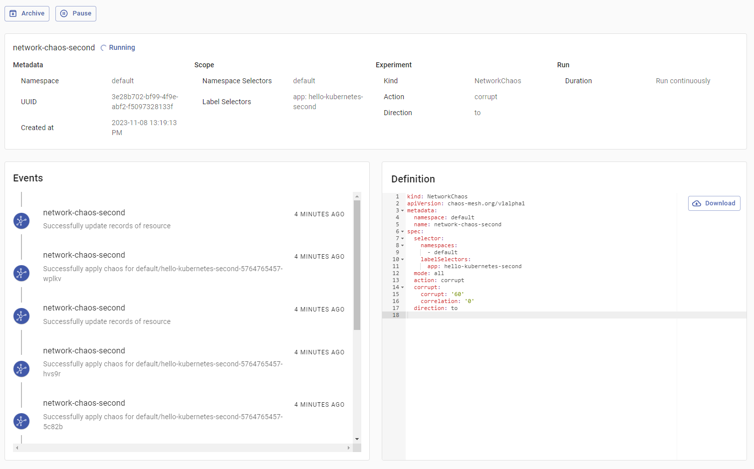 ChaosMesh Dashboard - Inspecting an Experiment